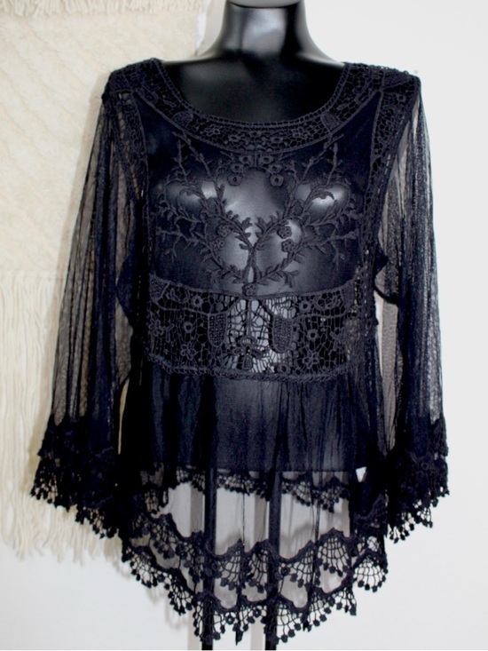 Shyanne Tops - Shyanne Medium Black Sheer Lace Crochet Peplum Top Bell sleeve wester wear